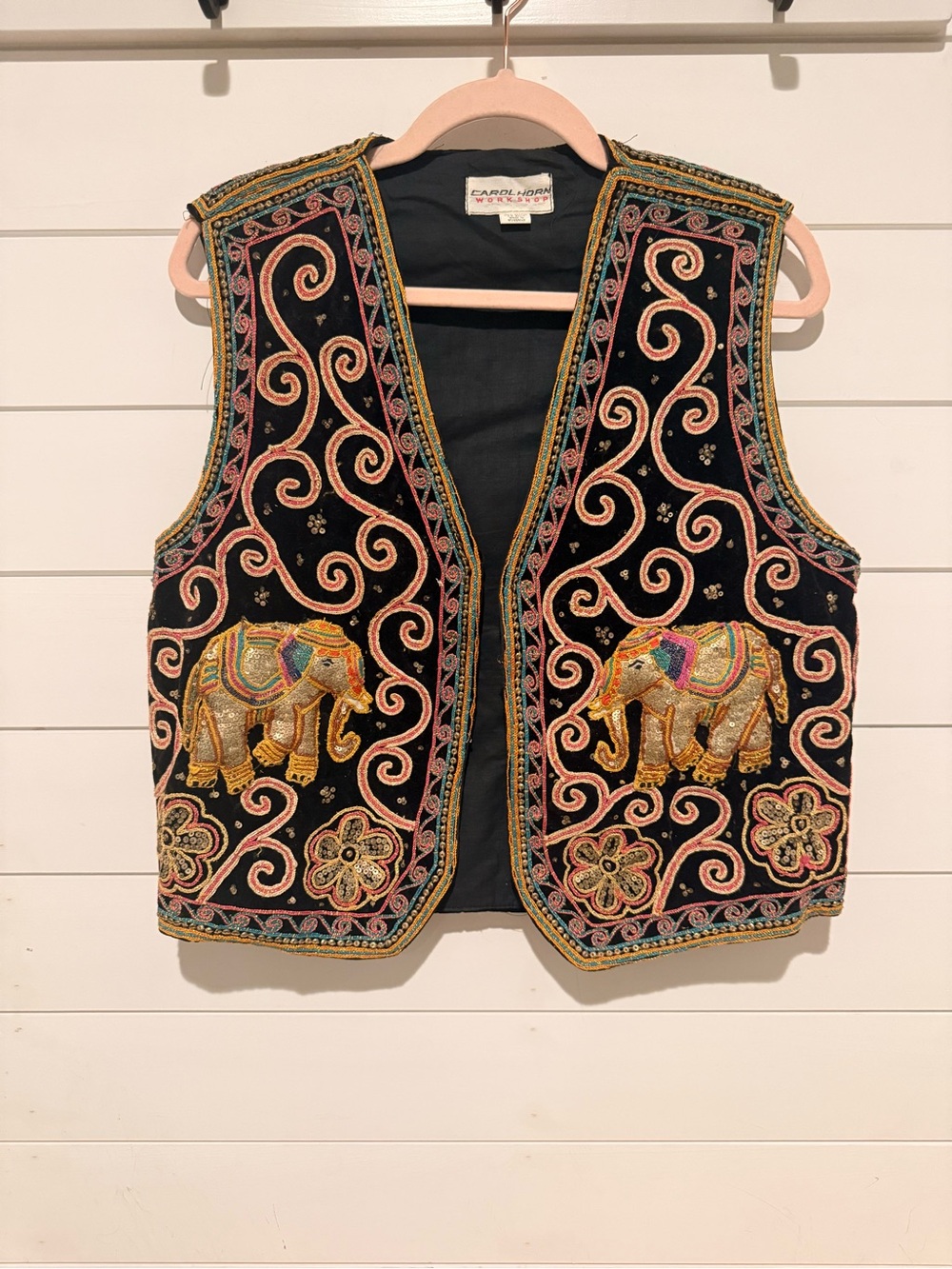 Vintage Carol Horn Workshop Hand Embroidered Vest Elephant Sequins M/L